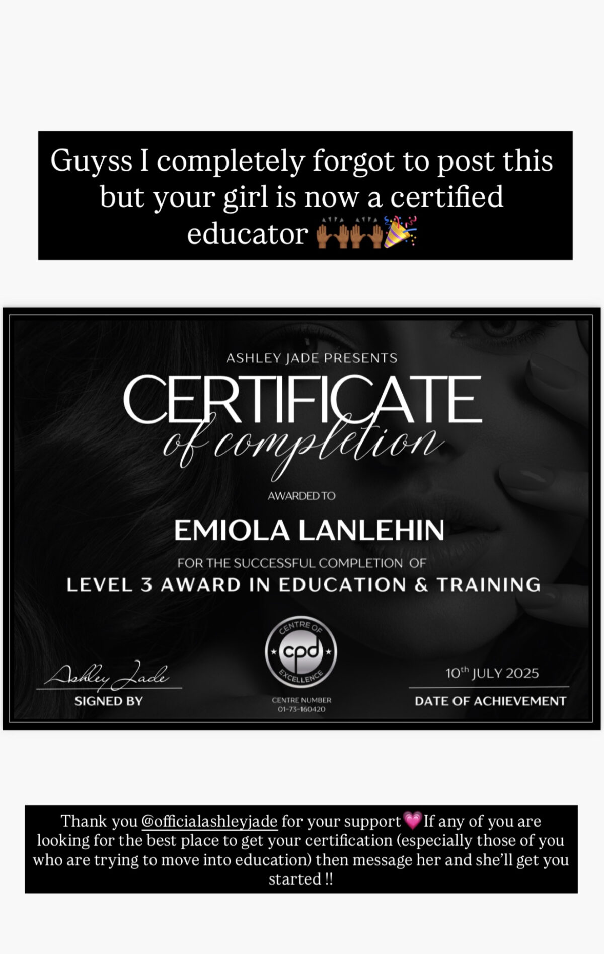 EXAMPLE CERTIFICATE FOR BEAUTY ACADEMY TRAINING LEVEL 3 IN EDUCATION AND TRAINING BY ASHLEY JADE LTD