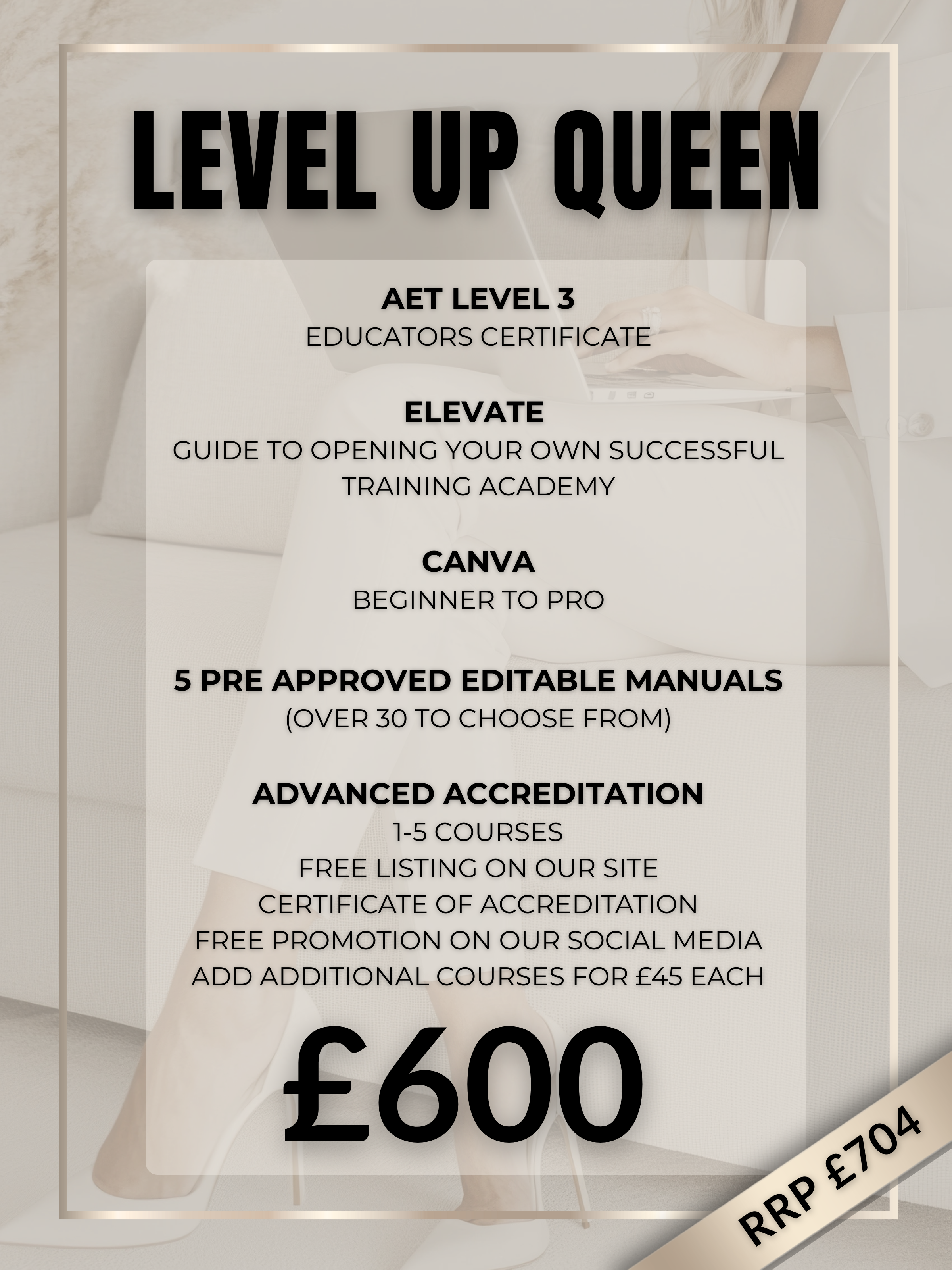 AET LEVEL 3 ELEVATE- Guide to opening your own successful training academy CANVA- Beginner to Pro 3 Pre Approved Editable Manuals (over 30 to choose from) BASIC ACCREDITATION 1-5 Courses Free list (1)