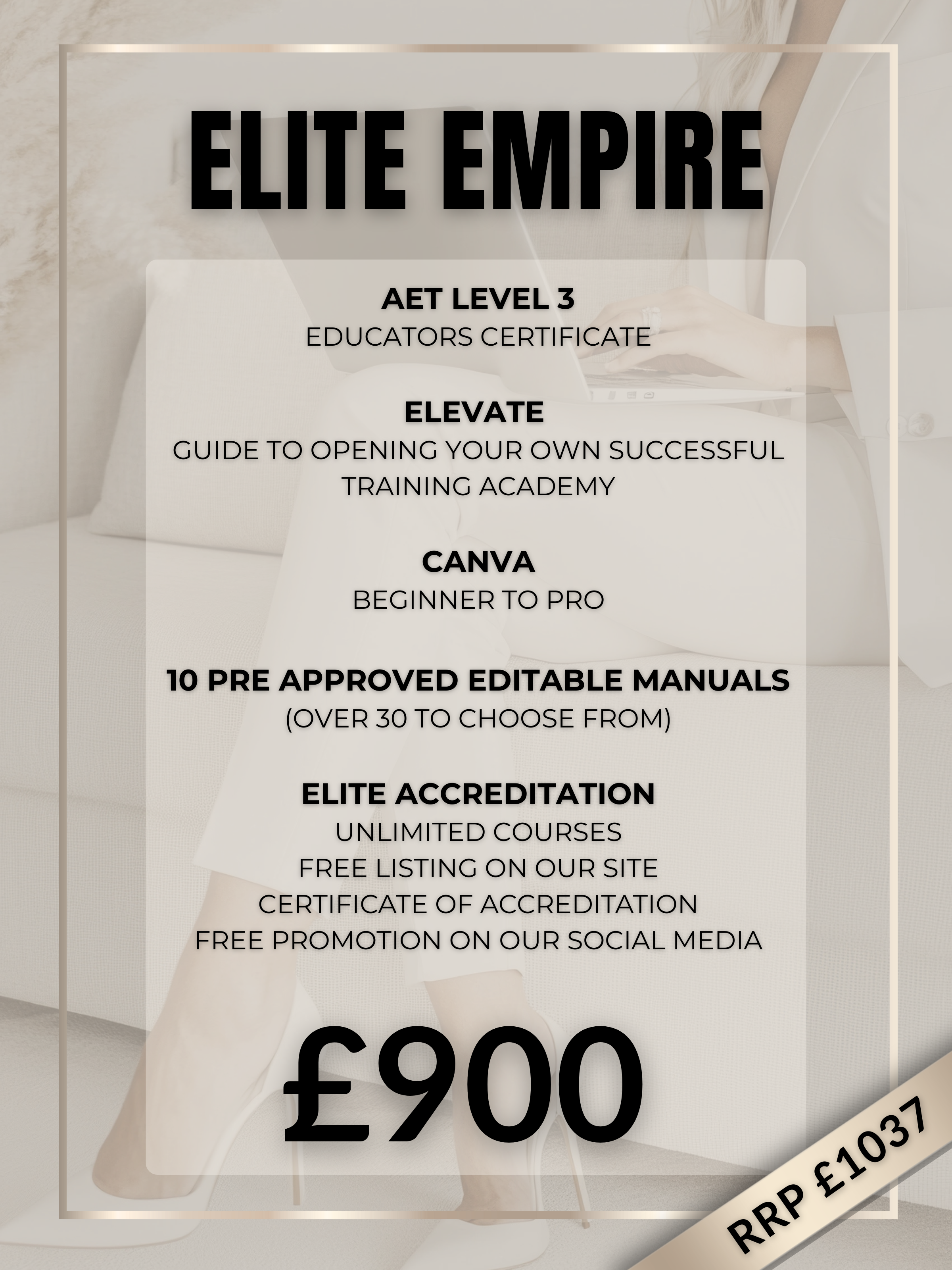 AET LEVEL 3 ELEVATE- Guide to opening your own successful training academy CANVA- Beginner to Pro 3 Pre Approved Editable Manuals (over 30 to choose from) BASIC ACCREDITATION 1-5 Courses Free list (2)
