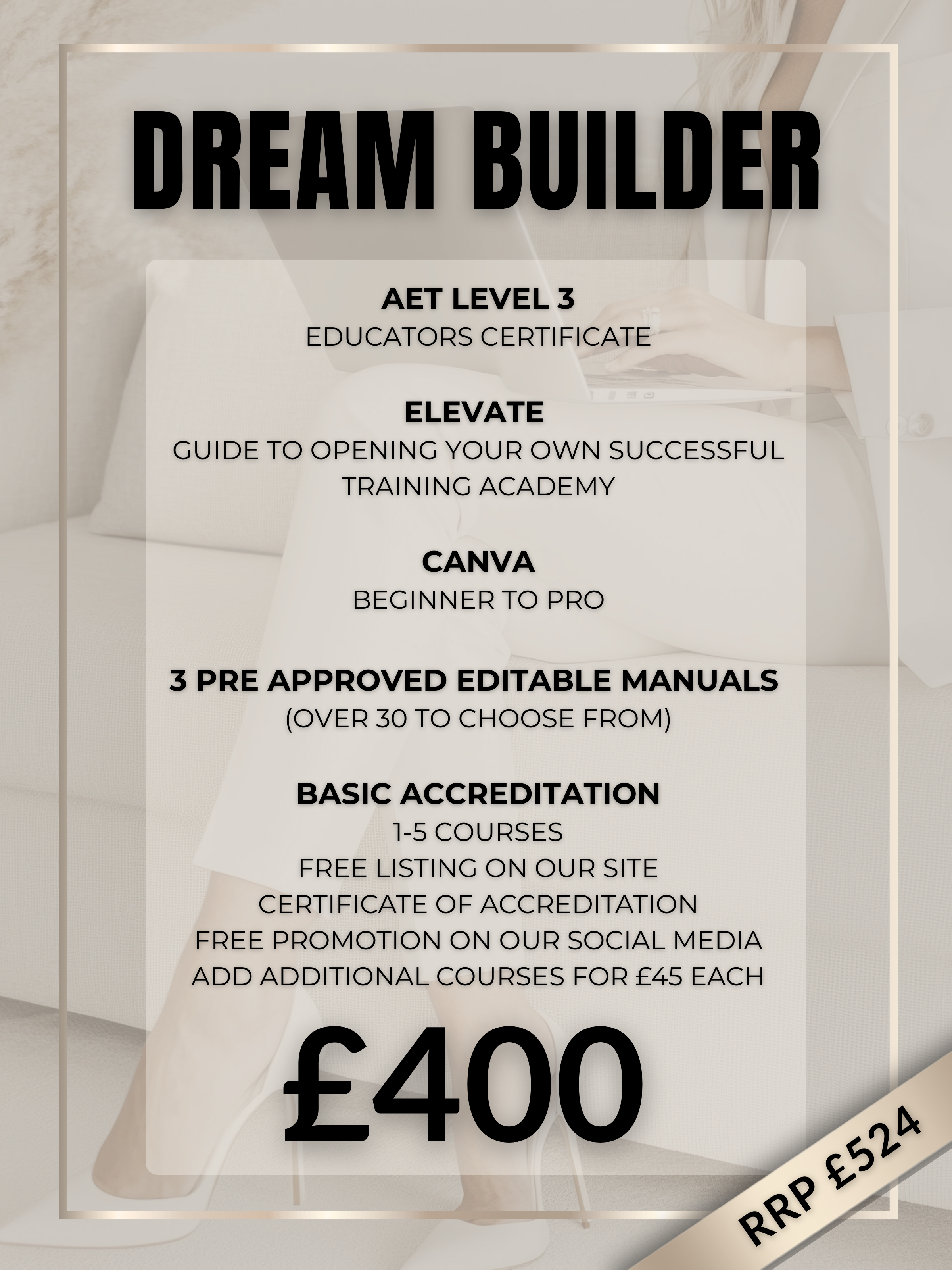 AET LEVEL 3 ELEVATE- Guide to opening your own successful training academy CANVA- Beginner to Pro 3 Pre Approved Editable Manuals (over 30 to choose from) BASIC ACCREDITATION 1-5 Courses Free list